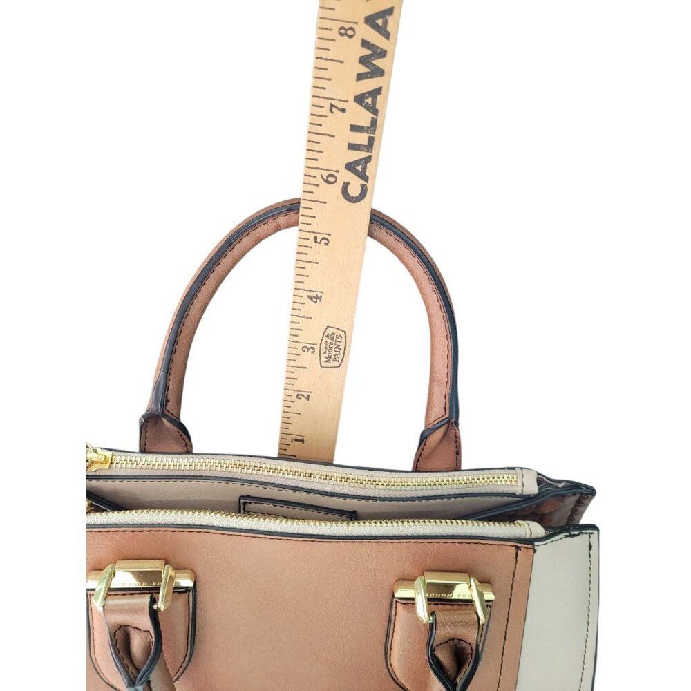 London Fog Women's Satchel Bag Medium Cognac and Off White Snap Zippers - Picture 12 of 16